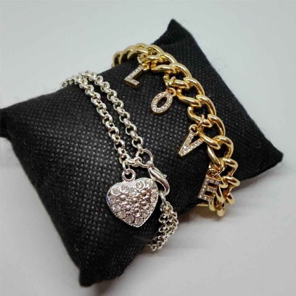 CURATED bundle silver tone heart charm bracelet gold tone love charm bracelet